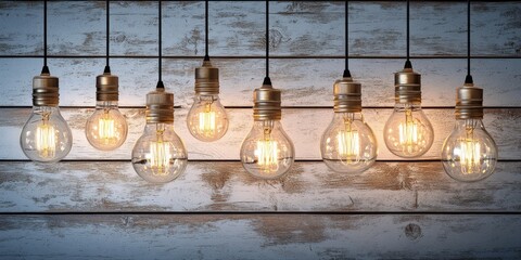 Obraz premium Retro light bulbs illuminate the darkness against a white vintage wooden background, creating a captivating atmosphere with the warm glow of retro light bulbs for any setting.