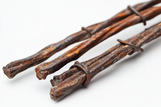 three pieces of rusty twisted wire on a white surface