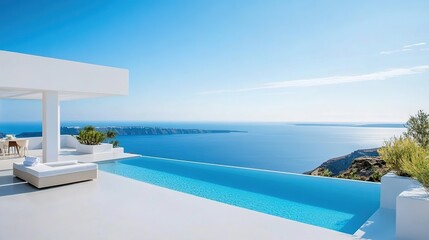 Fototapeta premium A sleek, minimalist white villa with an infinity pool overlooking the Mediterranean Sea under clear blue skies. 