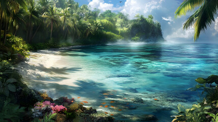 Tropical Paradise: Secluded Beach, Azure Ocean, and Lush Greenery
