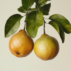 two pears hang from a branch with green leaves.