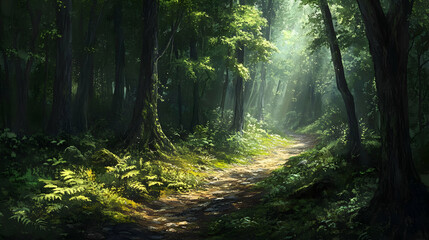 Fototapeta premium Sunlit Forest Path: A Tranquil Nature Escape
