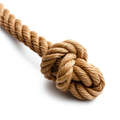A close-up view of a tightly knotted natural fiber rope on a white background.