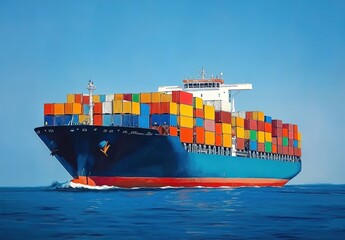 A large container ship is sailing on the sea, with many colorful containers stacked high in front of it. 