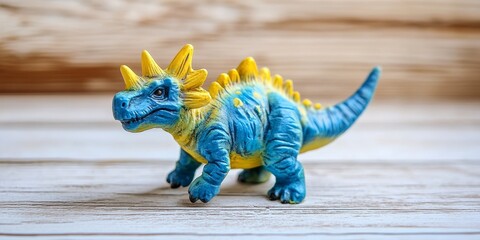 Small miniature dinosaur in blue and yellow colors showcased against a white background on a wooden...