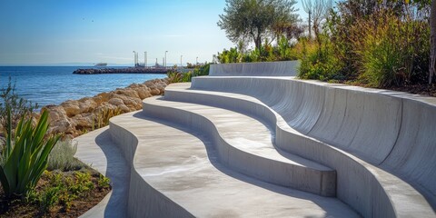 Curved concrete sea wall featuring concrete steps in the foreground showcases civil engineering solutions. This concrete sea wall highlights flood prevention and reinforced coastal sea defenses.