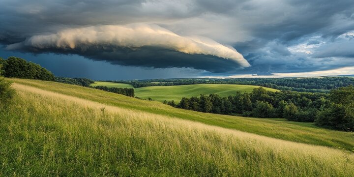 Thunderstorm featuring a developing arcus or shelf cloud across a serene countryside landscape, showcasing the dramatic weather patterns of a thunderstorm in a picturesque setting.