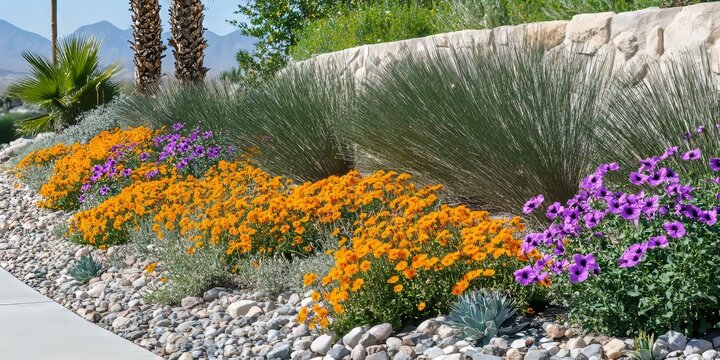 Low growing flowering shrubs of Lantana thrive in xeriscape designs, showcasing their vibrant beauty alongside desert violet Ruellia and Pygmy Palms for a stunning landscape.