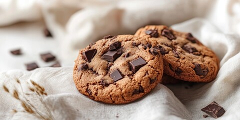 Tasty cookies featuring chocolate pieces beautifully displayed against a light fabric background, showcasing the deliciousness of these chocolate cookies in an inviting setting.