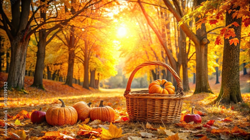 Canvas Prints Autumnal Harvest Scene Pumpkins and a wicker basket amidst golden foliage in a sun-drenched forest path.