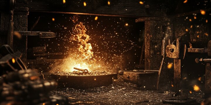 Crafting tools in a blazing forge, the intense heat of the forge enables the creation of essential tools, showcasing the artistry involved in working with a burning forge for tool making.