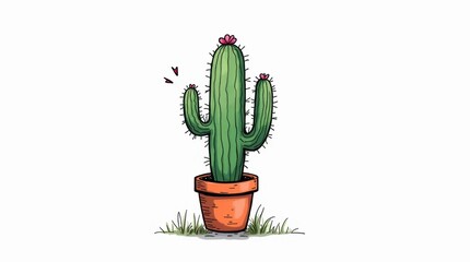 Whimsical Cactus Illustration with Squiggly Lines
