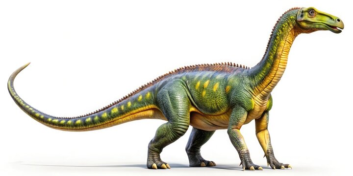 Isolated Plateosaurus fossil against a white background; a Triassic-era prehistoric reptile, key paleontological find.