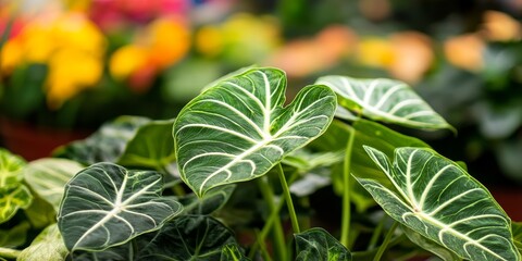Obraz premium Alocasia is a captivating genus of rhizomatous and tuberous plants, characterized by their broad leaves and perennial nature, belonging to the Araceae family, showcasing stunning flowering qualities.