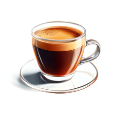 A freshly brewed cup of espresso served in a transparent glass cup on a white background.