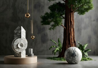abstract surreal still life, eco-friendly interior with figures made of natural materials. Generative AI