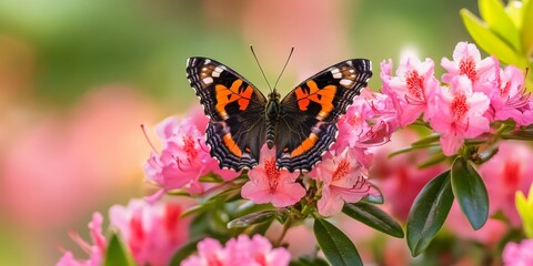 A Vanessa Atalanta butterfly perched gracefully on a vibrant Rhododendron bush, showcasing the beauty of nature as the Vanessa Atalanta flutters among the blossoming flowers.
