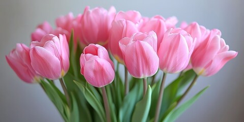 Naklejka premium Elegant bouquet of vibrant pink tulips arranged in a vase, showcasing the beauty of pink tulips and adding a touch of charm to any setting with these lovely pink tulips.