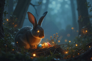  Bunny guarding glittering Easter eggs in a magical forest with copy space
