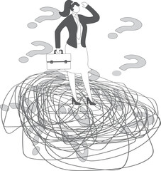 Obraz premium Skepticism, doubt or uncertainty, searching for answers solutions, doubtful businesswoman surrounded by a group of question marks
