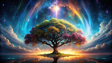 Obraz premium Mystical Tree of Seasons Reflecting in Tranquil Waters Under a Celestial Aurora