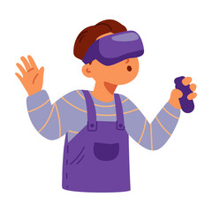 Surprised boy wearing virtual reality headset holding controller flat vector illustration isolated on white.