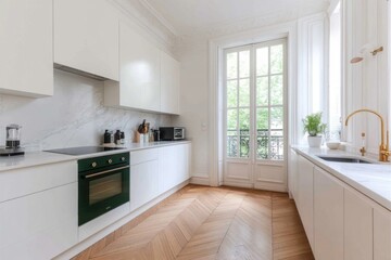 Fototapeta premium Modern white kitchen with chevron parquet floor and balcony access