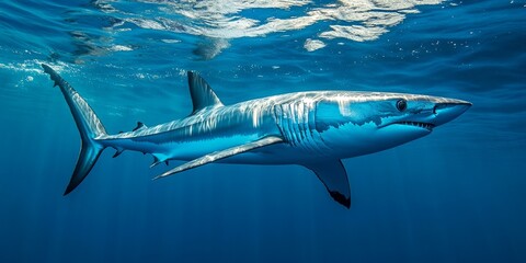 Fototapeta premium Shortfin mako shark gracefully gliding through vibrant blue waters, showcasing the beauty and agility of the shortfin mako shark in its natural habitat. A stunning view of the shortfin mako shark.