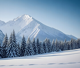 Winter panorama landscape with a snow-covered forest and trees at sunrise. A winter morning marking the beginning of a new day. Winter landscape with sunset, panoramic view
