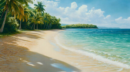 Serene Tropical Beach: Palm Trees, Azure Ocean, and Golden Sand