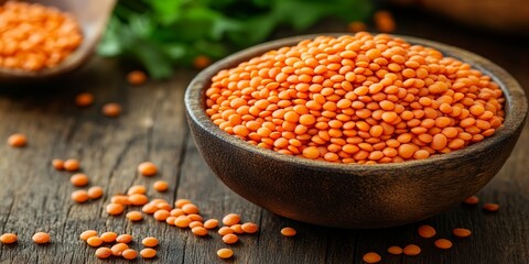 Red lentils displayed on a wooden table, showcasing the vibrant color and texture of red lentils, perfect for various culinary uses and health benefits of red lentils in meals.