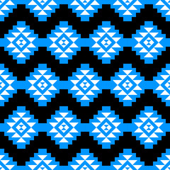 Geometric pattern featuring blue and black zigzag design with diamond shapes. This vibrant textile design is perfect for backgrounds, wallpapers, and fabric prints