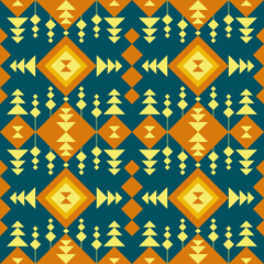 Colorful geometric pattern with diamonds, triangles, and leaves in yellow, orange, and teal. Perfect for textiles, wallpapers, or modern decor