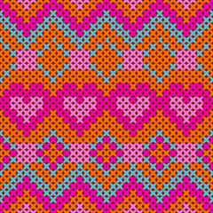 Colorful geometric pattern with hearts in pink, orange, and blue. This vibrant design features repeating motif that adds playful touch to textiles or backgrounds