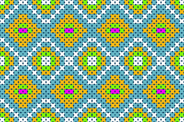 Colorful geometric pattern with vibrant shapes and contrasting colors, featuring diamonds and circles in repetitive design. Perfect for textiles or backgrounds