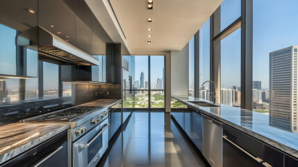 Fototapeta premium Modern City View Kitchen in Luxury Highrise Apartment