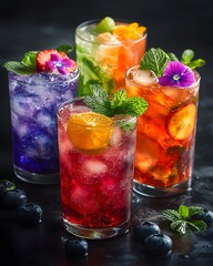 Mocktail glasses with colorful drinks, garnished with fruits, mint, and flowers, sit on a shiny black table under mood lighting. The image feels fresh, luxurious, and modern, ideal for promotions.