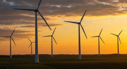 A modern wind turbine farm glowing during sunset