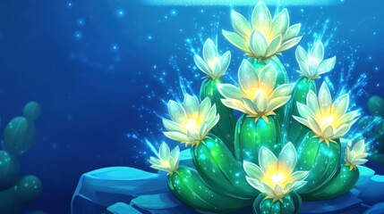 Enchanting Underwater Bioluminescent Flower Blooming Brightly at Night