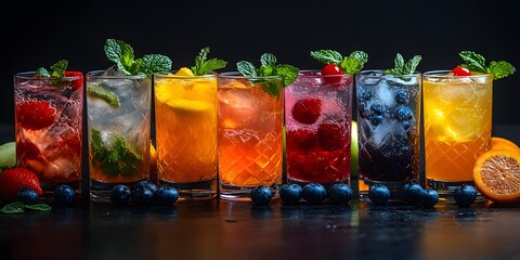Mocktail glasses with colorful drinks, garnished with fruits, mint, and flowers, sit on a shiny black table under mood lighting. The image feels fresh, luxurious, and modern, ideal for promotions.