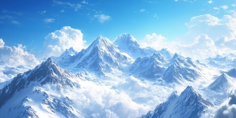 Obraz premium Mountain tops blanketed in snow rise majestically against a vibrant blue sky, creating a stunning contrast between the frosty peaks and the clear, bright atmosphere.