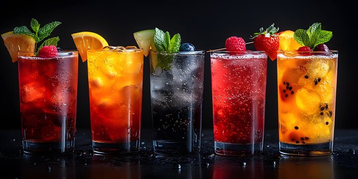 Mocktail glasses with colorful drinks, garnished with fruits, mint, and flowers, sit on a shiny black table under mood lighting. The image feels fresh, luxurious, and modern, ideal for promotions.