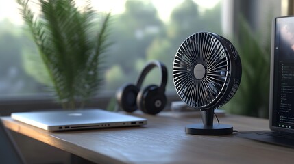 Small desk fan cooling laptop, headphones, and plant.