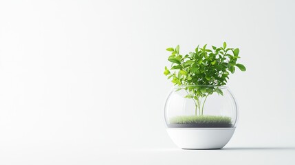 Small green plant in a glass terrarium on white background.