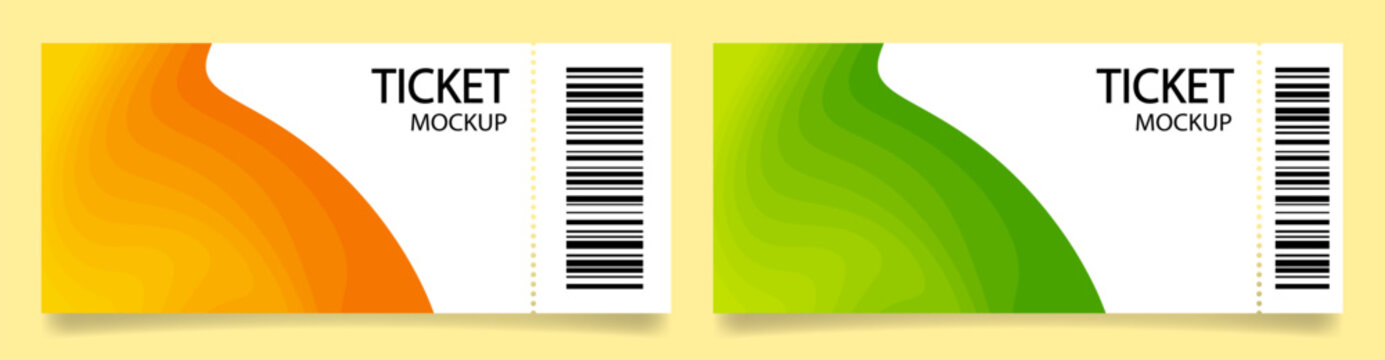 Ticket mockups with bar codes and shadows. Background template with orange and green abstract pattern. Concert, movie or theater ticket. Boarding blank, lottery, sale coupon