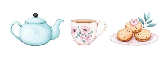 A watercolor illustration of a teapot, a teacup, and a plate of cookies