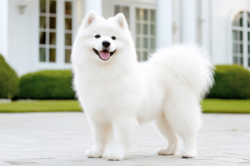 Fluffy white Samoyed standing outdoors in front of a house, radiating charm and elegance with its pristine fur and friendly demeanor.