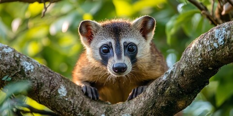 Wild coati observed closely, showcasing its curious nature as it looks at the camera, capturing the essence of this fascinating wild animal in a captivating moment.