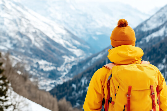A person in a yellow jacket and orange beanie enjoying a stunning snowy mountain view. The image captures winter exploration and serenity in nature. - Powered by Adobe