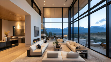 Fototapeta premium Mountain View Modern Home: Luxury Living with Floor-to-Ceiling Windows
